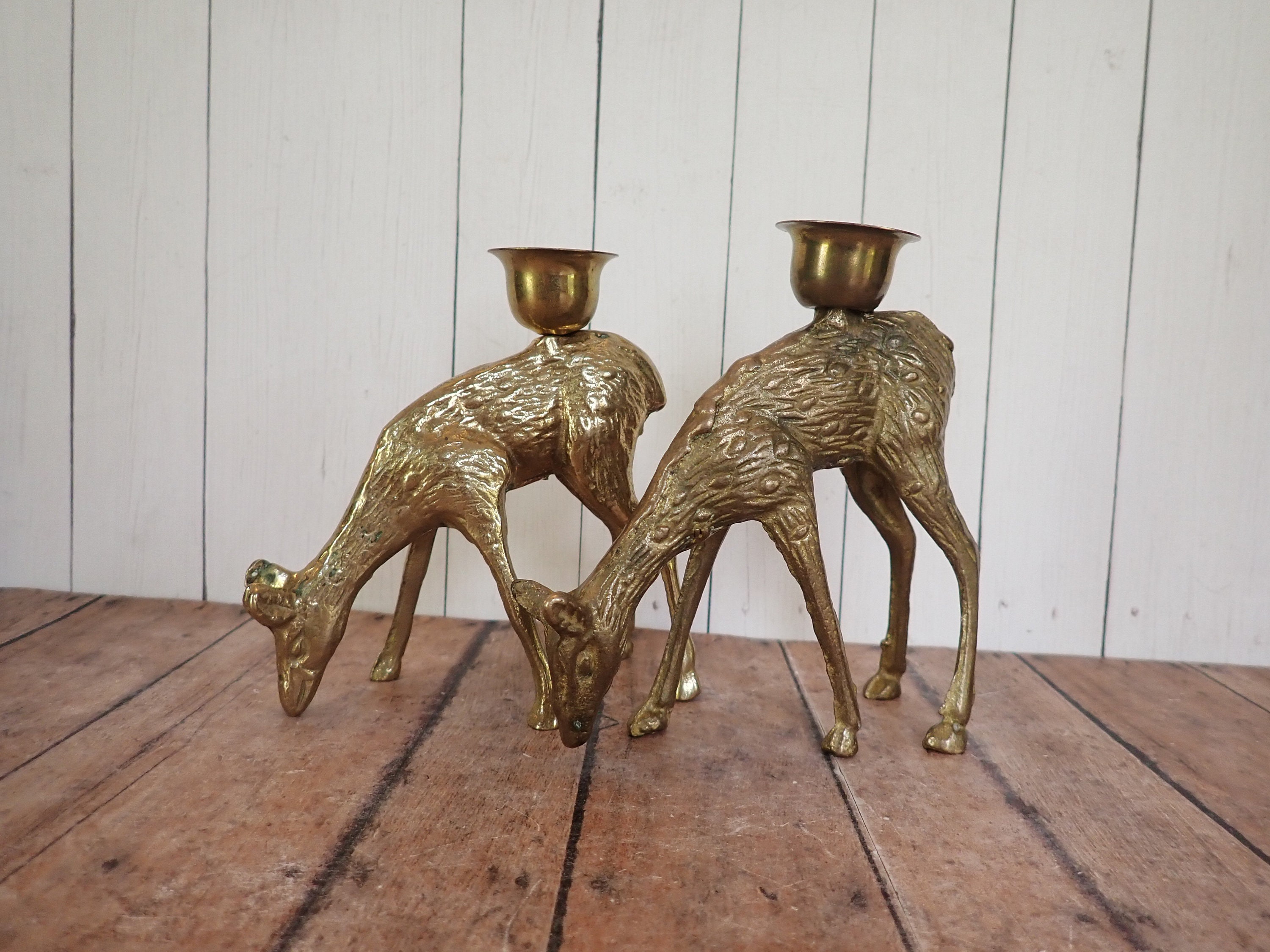 Vintage Brass Deer Candle Holder Set of 2 Figurine Statue