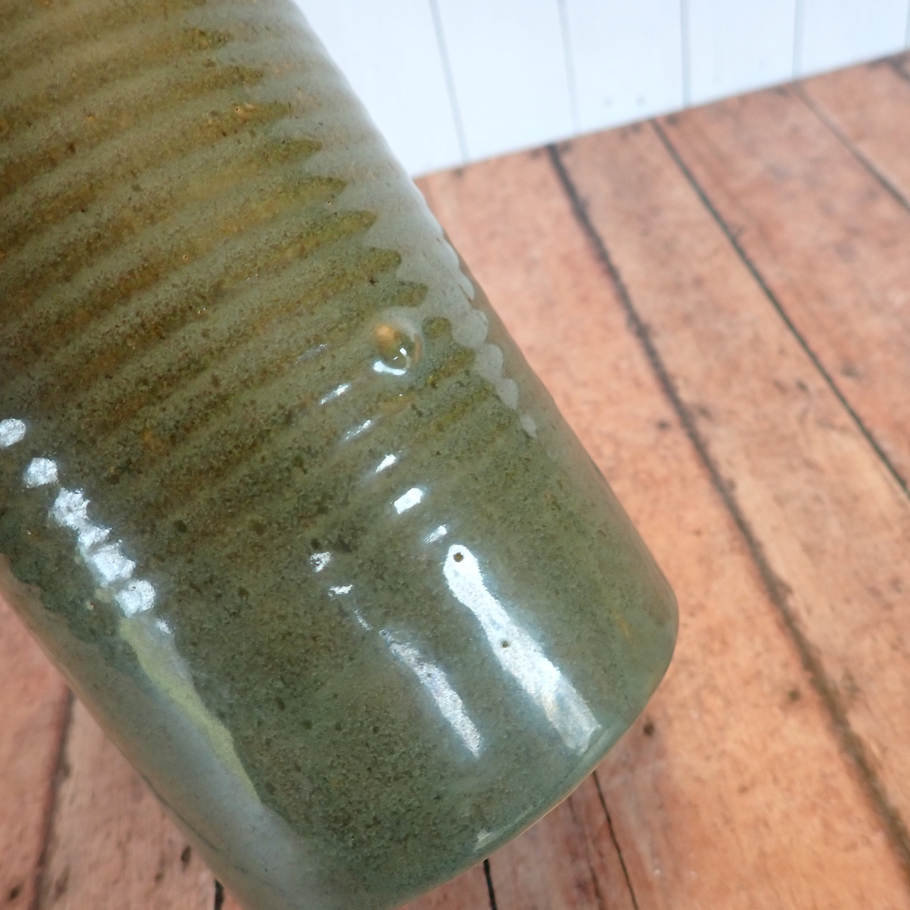 Vintage Zanesville Stoneware Planter Vase Stoneage Modern Green Ribbed