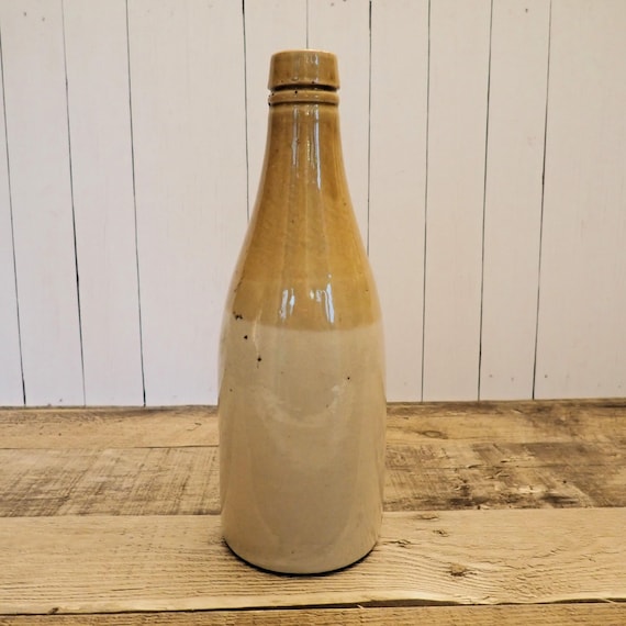 Vintage Stoneware Ginger Beer Bottle White and Yellow Bottles Farmhouse Boho