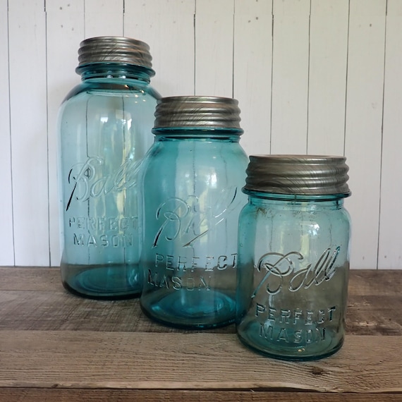 Vintage Blue Glass Ball Mason Jar Set of 3 with Tin Lids Pint Quart Half Gallon Antique Canning Jars Graduated Sizes