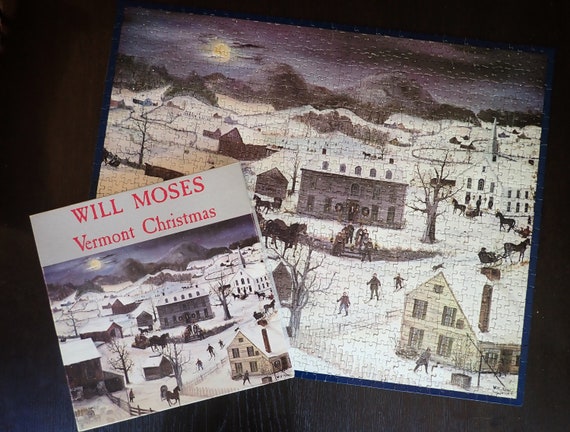 Vintage Will Moses VERMONT CHRISTMAS 1000 Piece Jigsaw Puzzle Winter Snow Scene with Buildings Americana Style