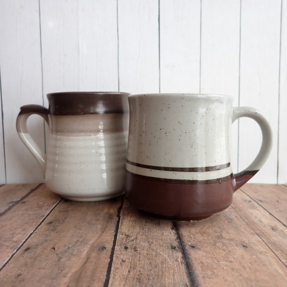 Vintage Stoneware Mug Set of 2 White Gray and Brown Drip Banded Striped Design