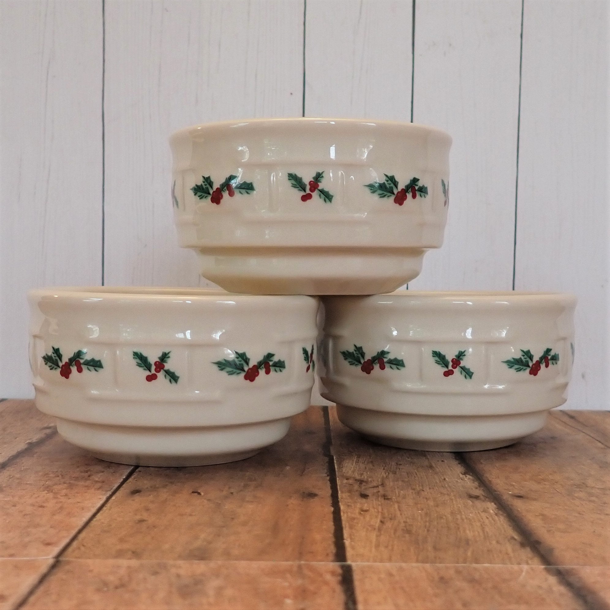 Vintage Longaberger Pottey HOLLY Custard Cup Ramekin Set of 3