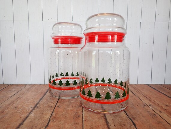 Vintage Libbey Glass Christmas Candy Canister Apothecary Jar with Lid Set of 2 Green Pine Trees and White Snowflakes