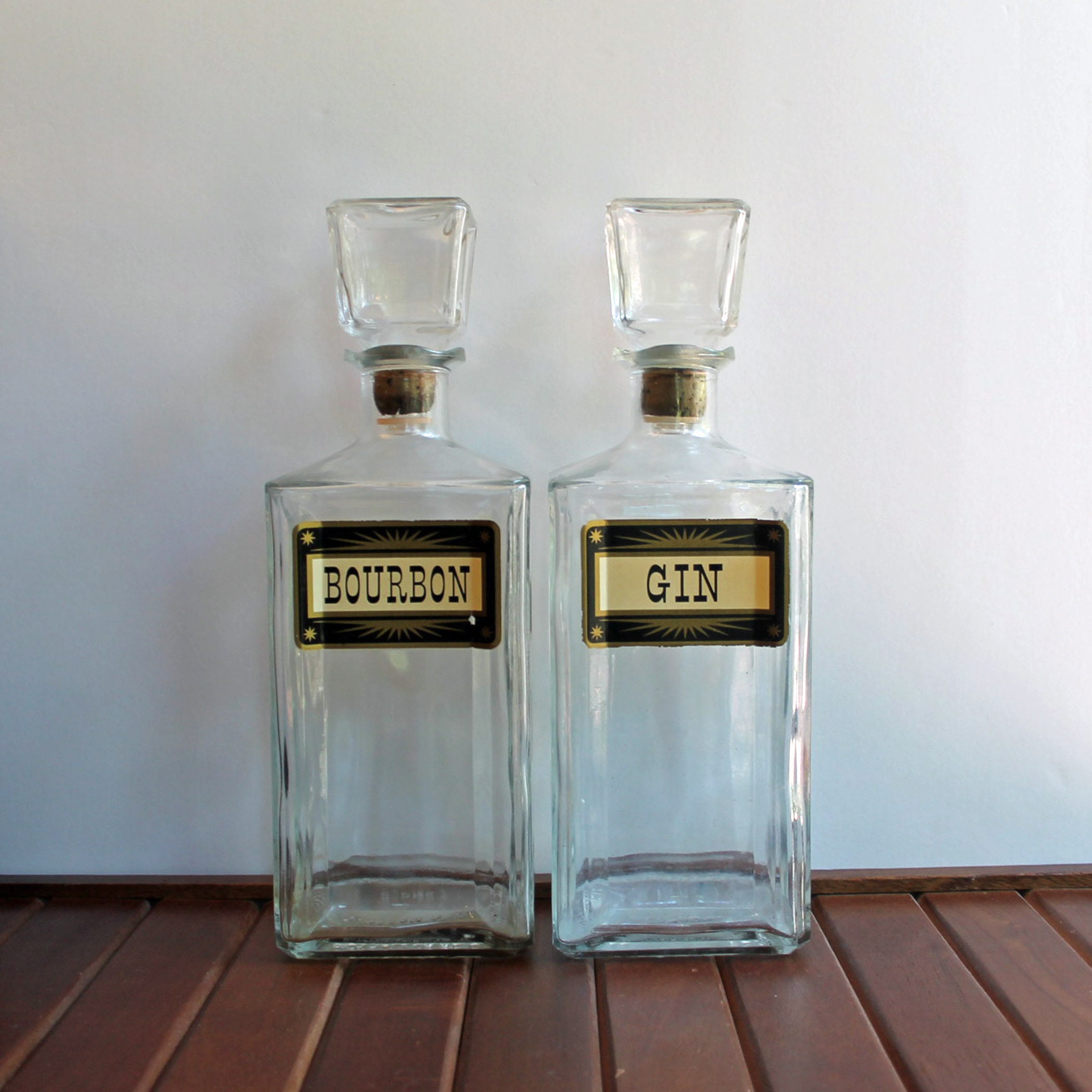 Vintage Seagrams Decanter Set of 2 Clear Glass Bottles Gin & Bourbon