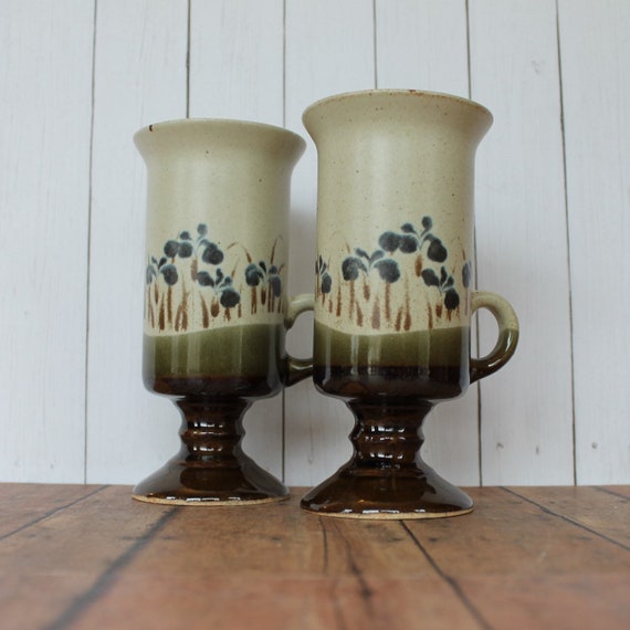 Vintage Stoneware Footed Mug Set of 2 Brown and White with Blue Iris Flower Floral Design Otagiri Style Mid Century Modern Pottery