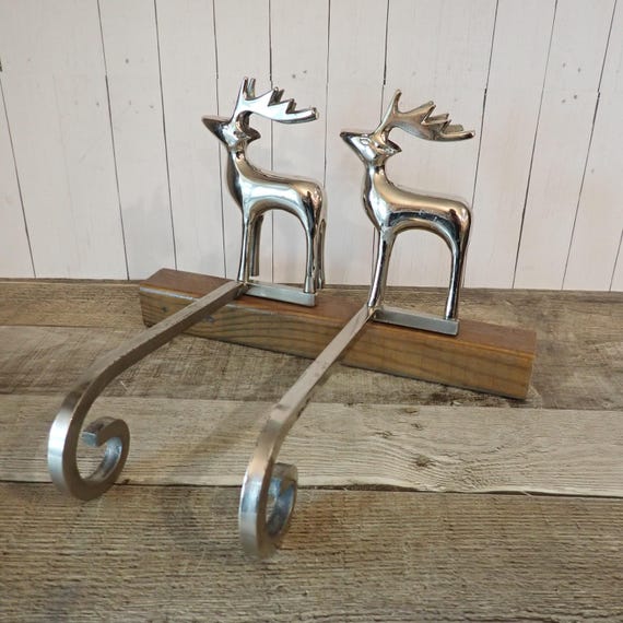 Vintage Silver Metal Reindeer Stocking Hanger Set of 2 Matching Holders Christmas Mantle Decor
