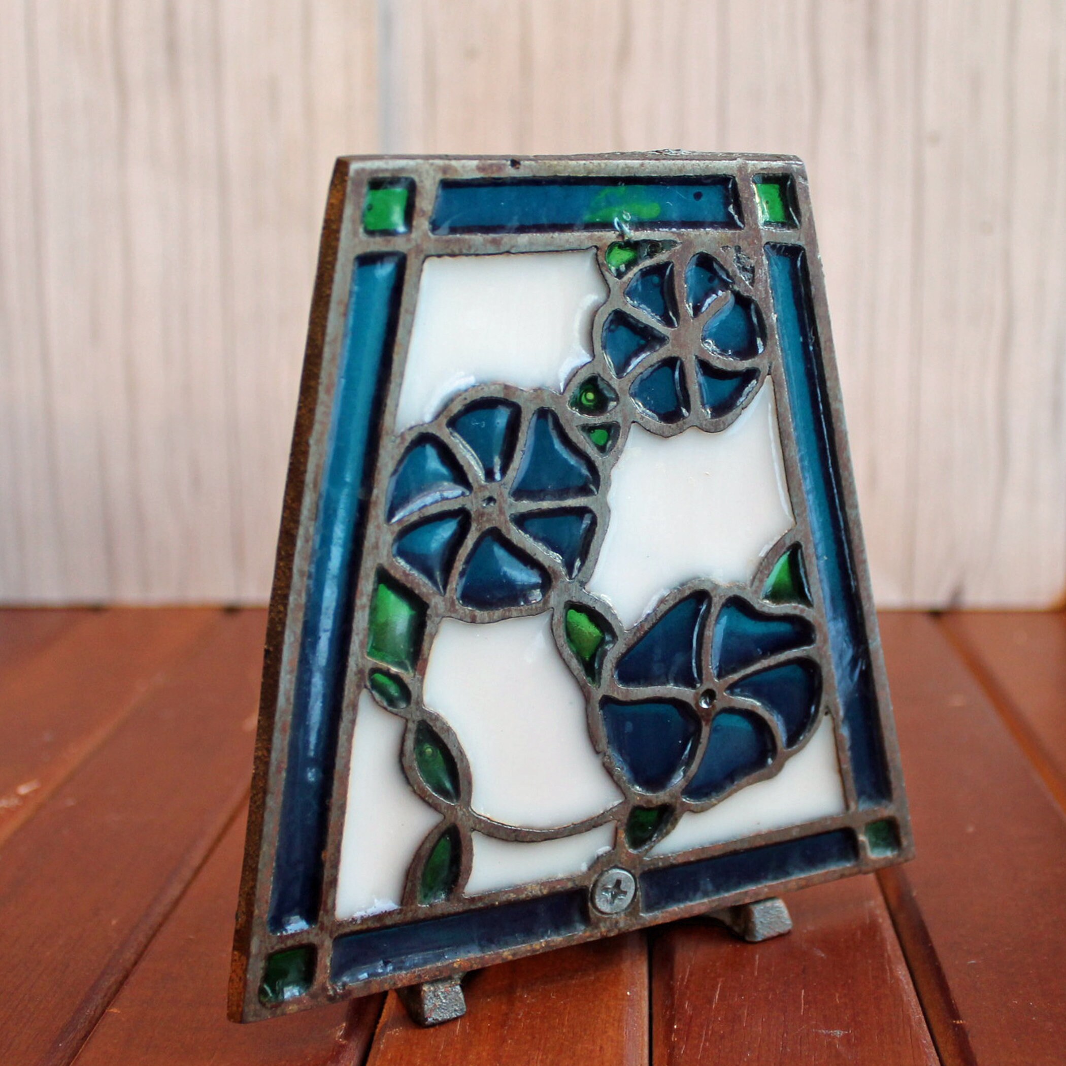 Vintage Stained Glass Candle Holder Set of 2 Suncatcher Red Rose Blue