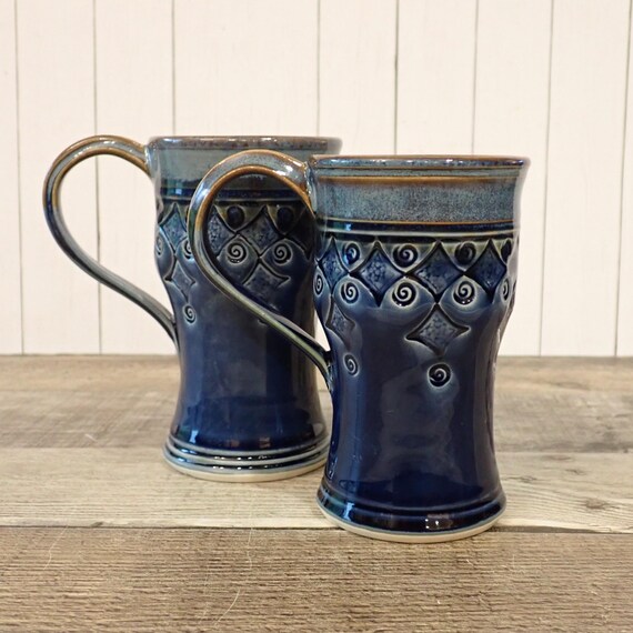 Vintage Pottery Mug Set of 2 Blue Stoneware with Etched Diamond Design Handmade Studio Pottery Asheville NC Plays in Mud