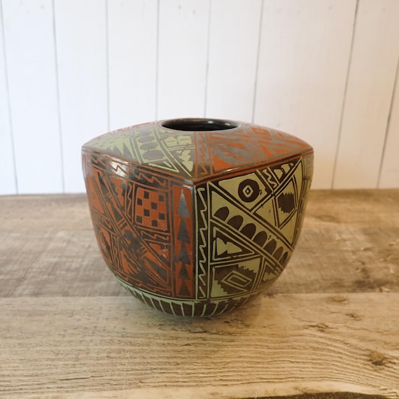 Vintage Mata Ortiz Pottery Seed Pot Square Vase Black Green and Red Geometric Tribal Design