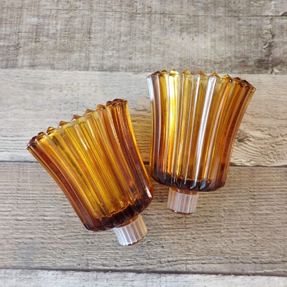 Vintage Amber Glass Votive Cup Set of 2 Ribbed Pattern