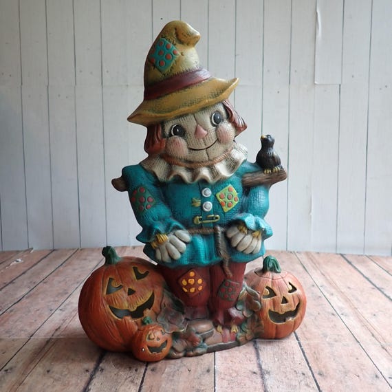 Vintage Ceramic Halloween Scarecrow Figurine with Pumpkins Jack O Lanterns Scare Crow
