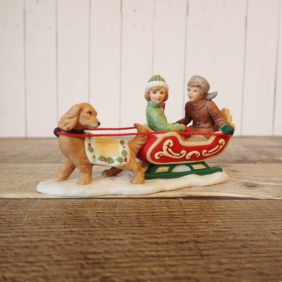 Vintage LEFTON Colonial Village Accessory Boy and Girl in Sleigh with Dog Pulling Sleigh Village People Accessories 00268