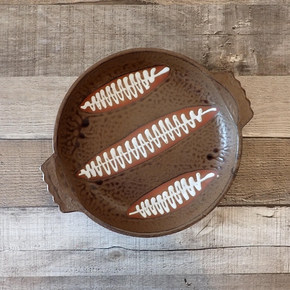 Vintage Enesco Stoneware Pottery Platter Trinket Dish Tray with Handle Brown with White Leaf Design Seymour Mann Otagiri Style