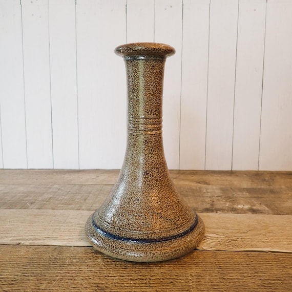 Vintage Rowe Pottery Works Ethan Allen Stoneware Candlestick Single Gray and Blue with Banded Design Cambridge WI