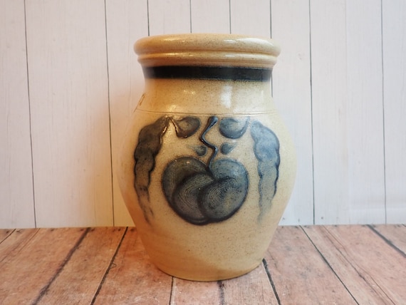 Vintage SHADOWLAWN Pottery Salt Glazed Crock Vase Utensil Holder Gray with Blue Apple Fruit Design