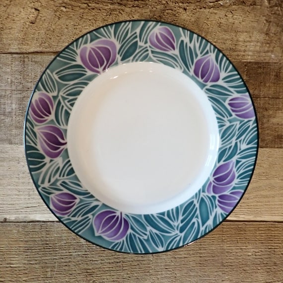 Vintage Dansk EDEN Bread and Butter Plate Set of 6 White Stoneware with Purple and Green Floral Design