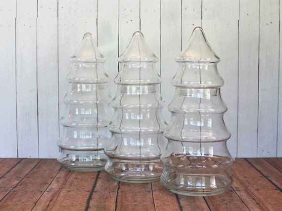 Vintage Clear Glass Large Christmas Pine Tree Jar Canister Set of 3 Matching Candy Dish