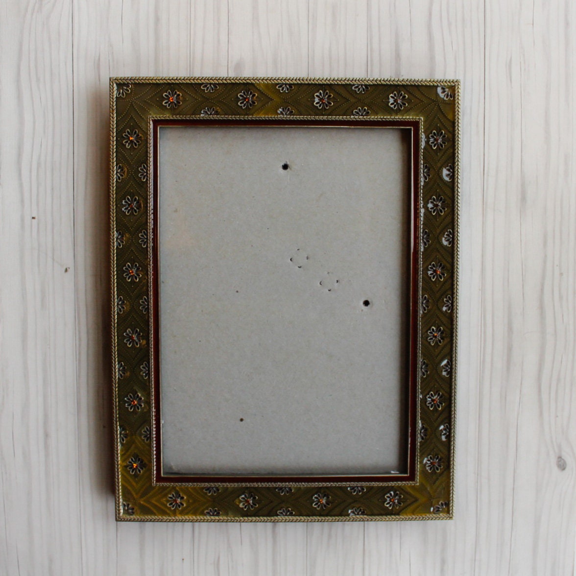 Vintage Metal and Enamel Photo 5x7 Picture Frame Green and Gold Floral Design Daisy Flowers Free