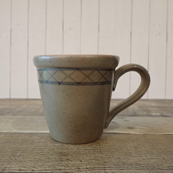 Vintage Rowe Pottery Works 1990 Salt Glazed Stoneware Mug with X Cross Hatch Design RPW Cambridge WI Handmade Ceramic 1990s
