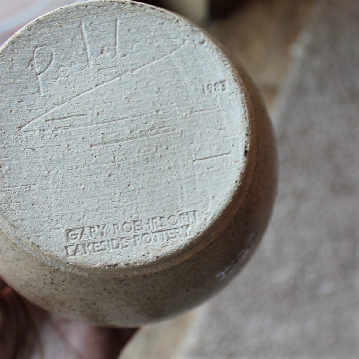 Vintage Stoneware Pottery Planter and Mug Set Gray Blue Brown with Leaf