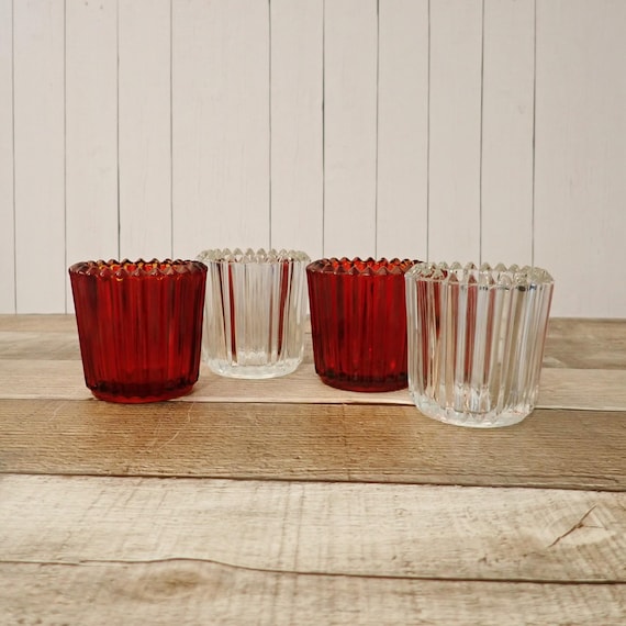 Vintage Glass Votive or Tealight Christmas Candle Holder Set of 4 Red and Clear Mix and Match Set