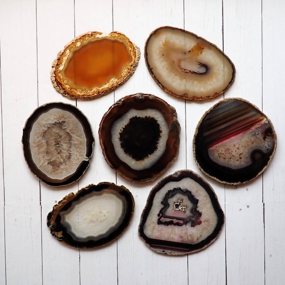 Agate Slice Coasters Set of 7 Purple White and Gold Stone Coasters