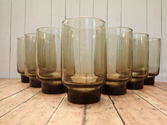 Vintage Libbey Glass TAWNY ACCENT Smoky Brown Tumbler Set of 8 Tumblers 11 oz. Drinking Glass