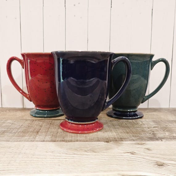 Vintage Denby HARLEQUIN Footed Mug Cup Set of 3 Red Green and Blue Mugs Ceramic England 1990s