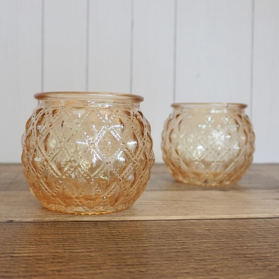 Vintage Light Amber Peach Yellow Quilted Votive Tealight Candle Holders Pair Set of 2 Candleholders