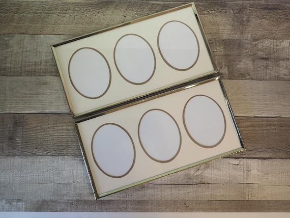 Vintage 6x12 Brass Gold Photo Picture Frame Set of 2 with Oval Photo Openings Horizontal Only Etched Design