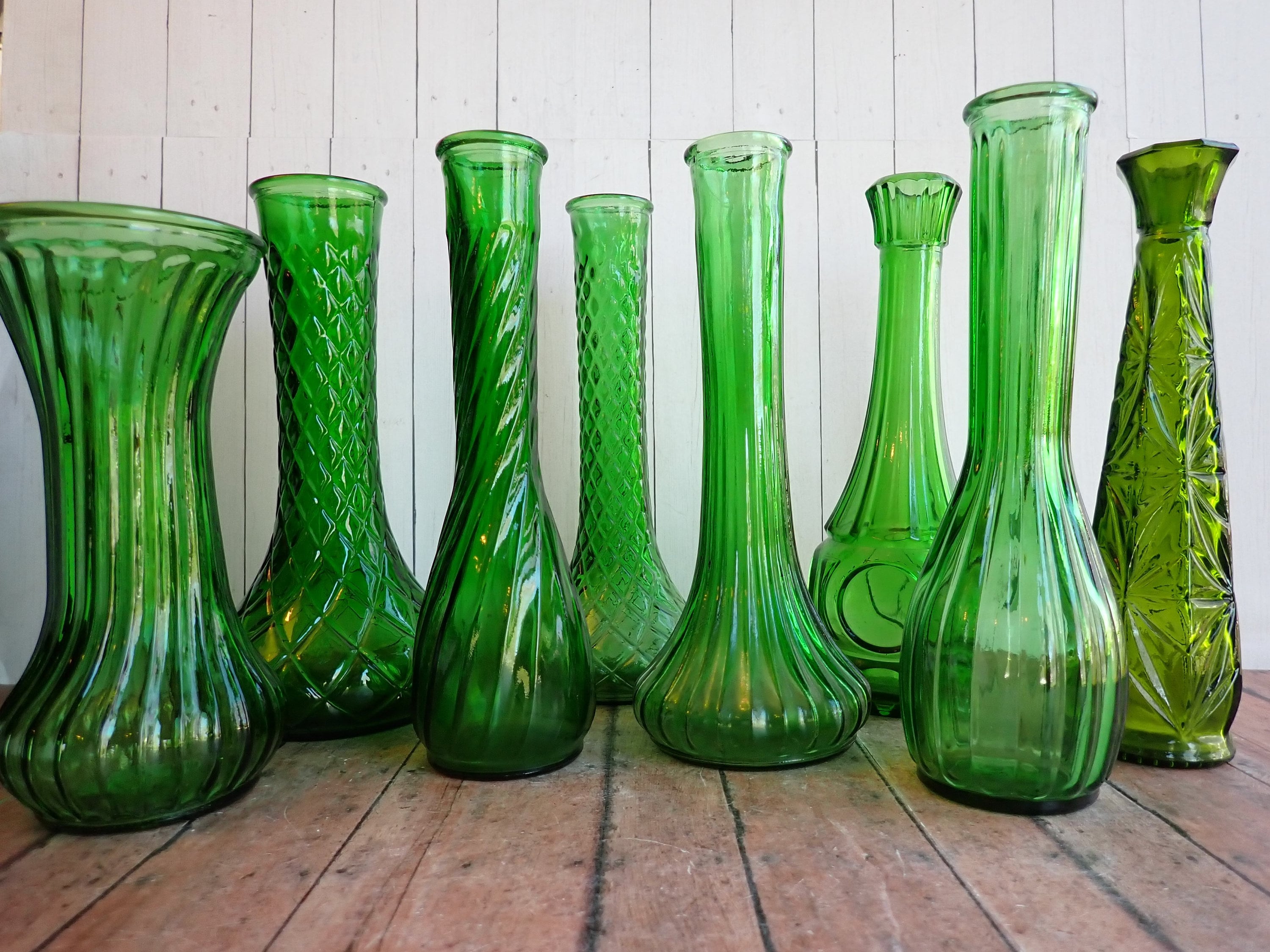 Vintage Green Glass Vase Set of 8 Diamond Star Floral Pattern All