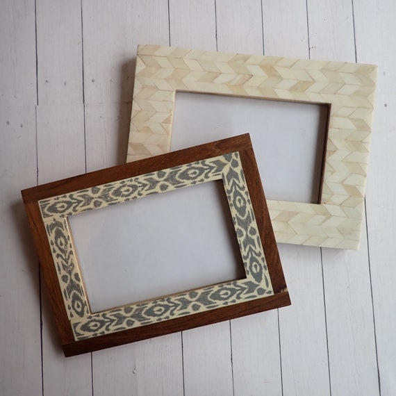 Vintage Wood and Tile Picture Photo Frame 4x6 White and Gray Tile with Chevron Arrow and Tribal Design Made in India Boho 4" x 6"