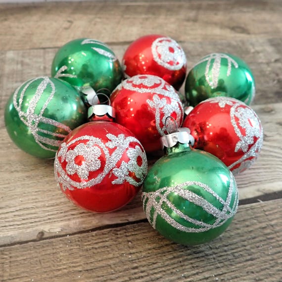 Vintage Glass Ball Ornament Set of 8 Red and Green with Silver Glitter Floral and Wavy Line Designs