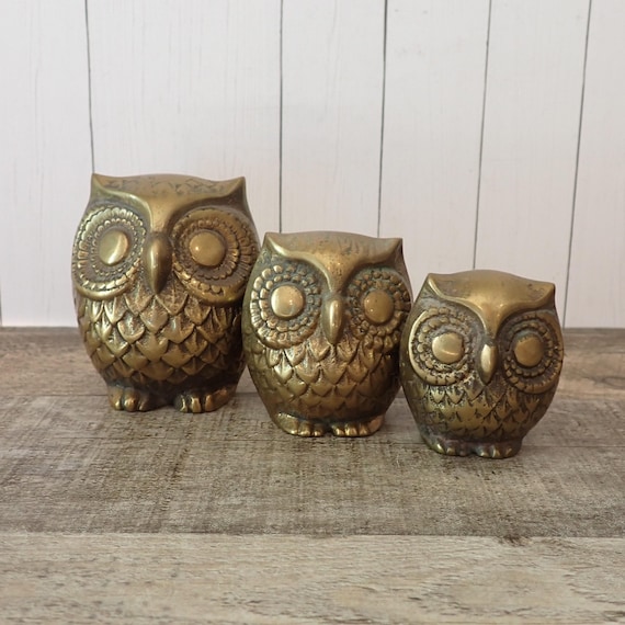 Vintage Brass Owl Figurine Set of 3 Etched Owls in Graduated Sizes