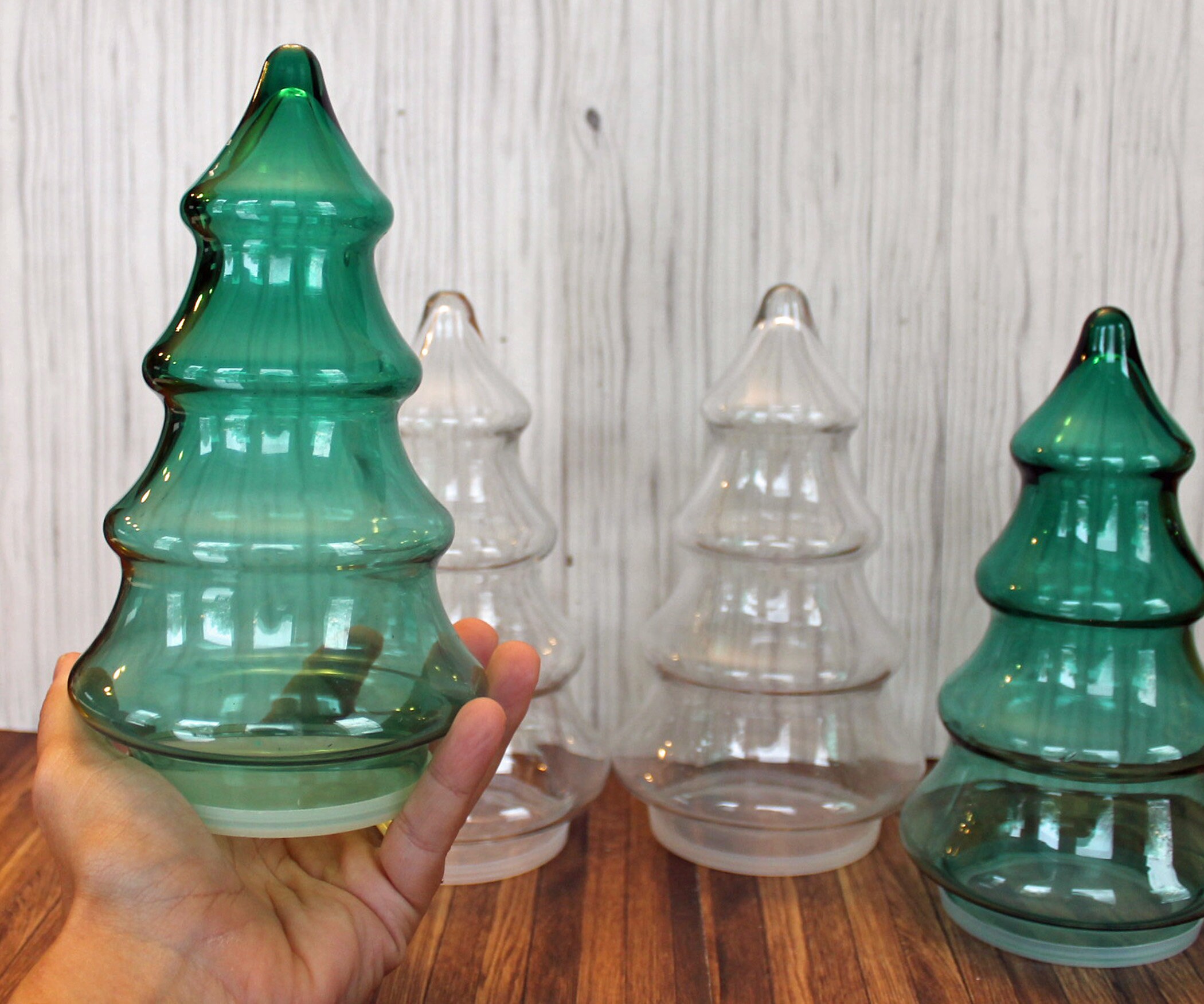 Vintage Clear and Green Glass Christmas Tree Canister Jar Container