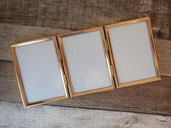 Vintage Brass Gold Metal Triple Hinged 3x5 Three Part Photo Picture Frame Tri-Fold 3.5" x 5" Size