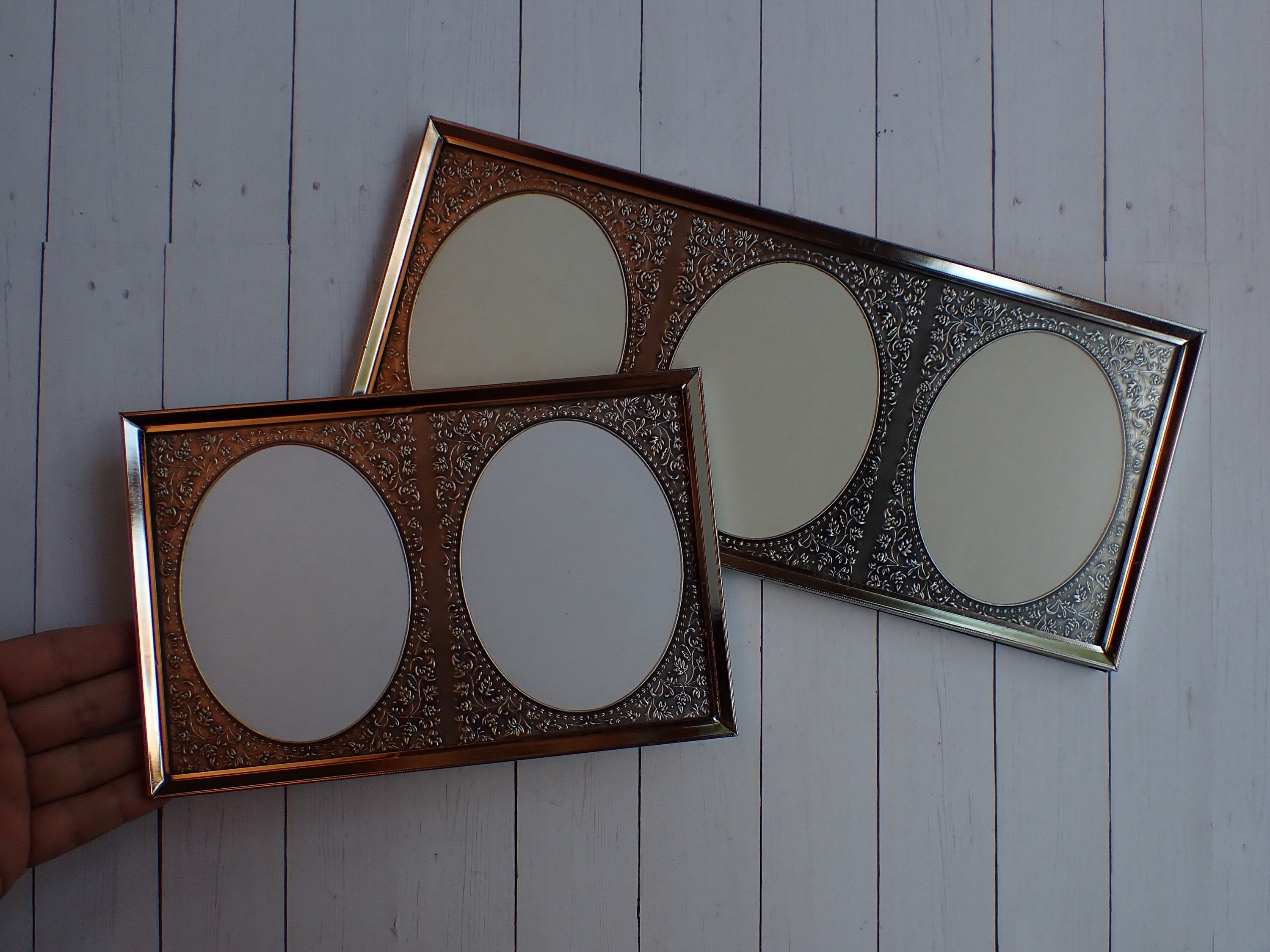 Vintage Silver Metal Photo Picture Frame Set of 2 Frames with Oval Mat