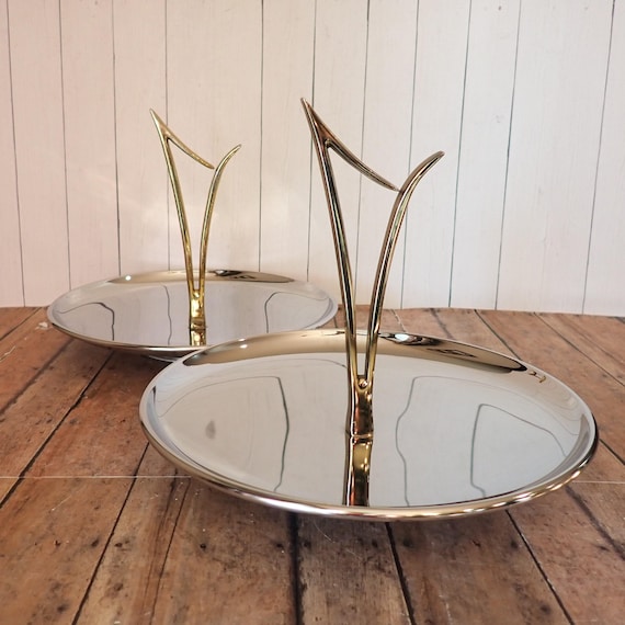 Vintage Kromex Set of 2 Matching Round Metal Silver Serving Trays Mid Century Modern