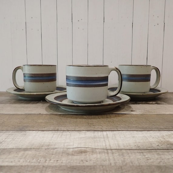 Vintage Otagiri HORIZON Stoneware Cup and Saucer Set of 3 Gray with Brown and Blue Striped Bands