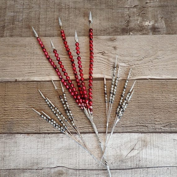 Vintage Floral Pick Arrangement Silver and Red Mercury Glass Bead Picks Set of 5 Christmas Holiday Decor