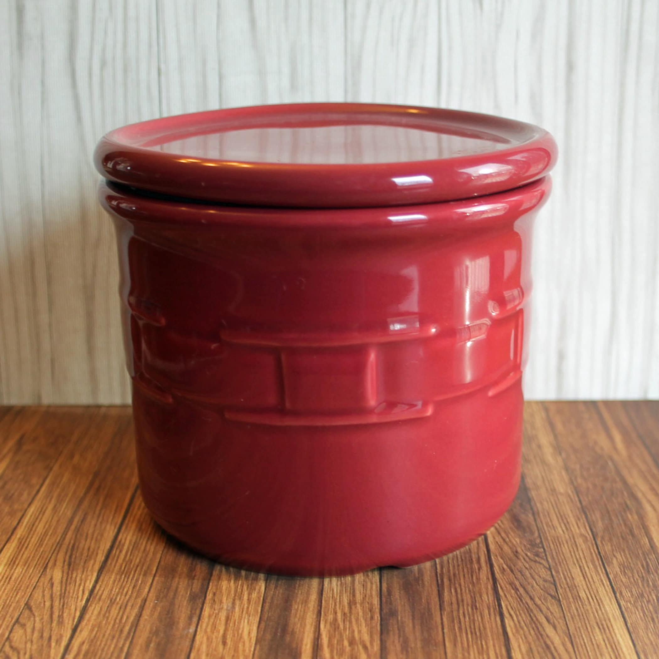 Vintage Longaberger Pottery WOVEN TRADITIONS Paprika Crock with Lid Red