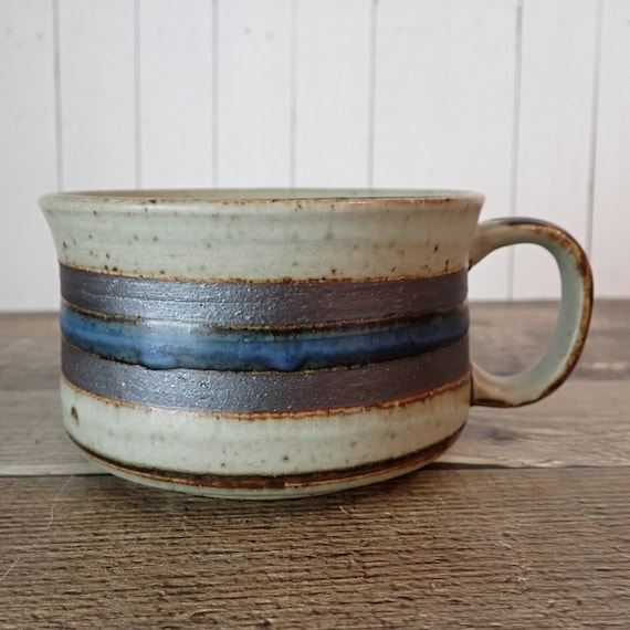 Vintage Otagiri HORIZON Soup Bowl Mug with Handle Ceramic Gray Stoneware with Blue and Brown Bands Pottery