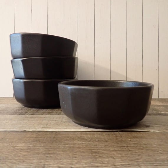 Vintage Pfaltzgraff HERITAGE BLACK 5" Soup Cereal Bowl Set of 4 or Set of 8 Stoneware Bowls Flat Paneled Design