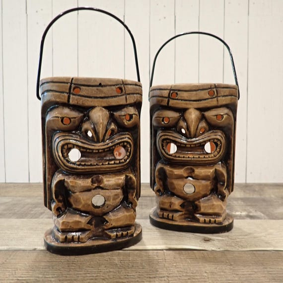 Vintage Ceramic Tiki Hanging Lantern Set of 2 Luminary Tealight Candle Holders