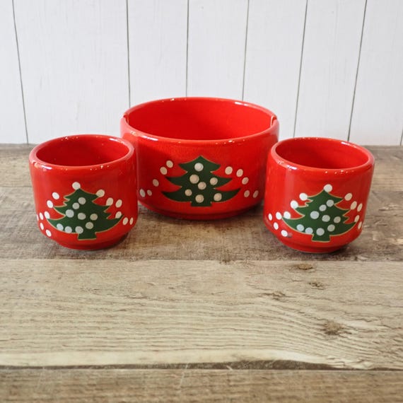Vintage WAECHERSBACH Christmas Candle Holders and Ashtray Red Ceramic with Green and White Tree Made in Germany