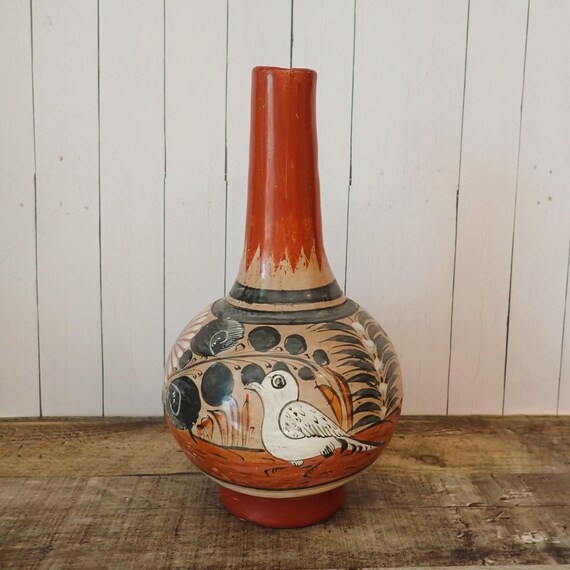 Vintage Tonala Burnished 9" Vase Tan with Gray and White Bird Leaf and Flower Design Mexican Pottery Made in Mexico