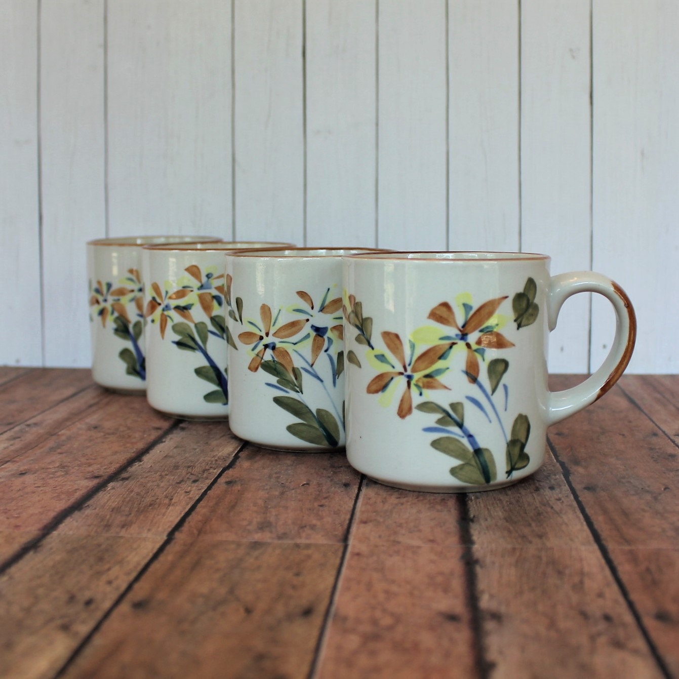 Vintage Korean Stoneware Mug Set of 4 with Brown Green Yellow Abstract