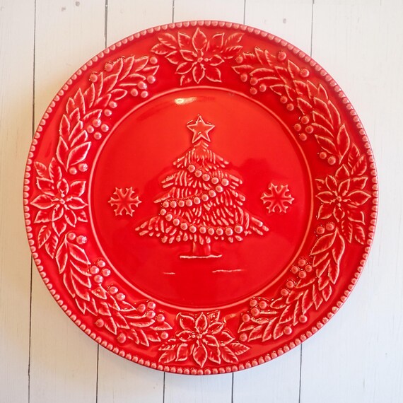 Vintage Bordallo Pinheiro Portugal POINSETTIA Red Christmas Tree Salad Plates Set of 6 Plates