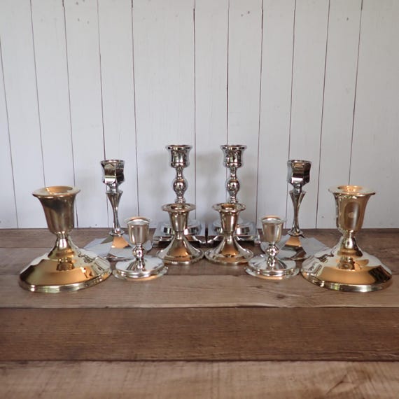 Vintage Silver Metal Pewter Candlestick Set of 10 Mismatched Mix and Match Medium Size Wedding Candle Stick Holders